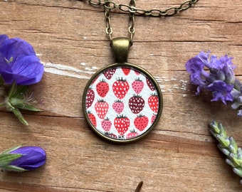 Strawberry Art Pendant, Hand Painted Necklace, Original Watercolor Mini Painting Strawberries Print