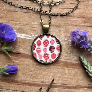 Strawberry Art Pendant, Hand Painted Necklace, Original Watercolor Mini Painting Strawberries Print