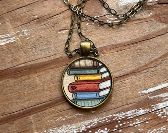 Stack of Old Books, Watercolor Hand Painted Necklace, Original Art Pendant, Gifts for Teachers or Students or Book Lovers