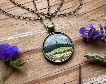 Vineyard Art, Watercolor Hand Painted Necklace, Original Art Pendant, Foggy Pine Trees, Landscape Mini Painting