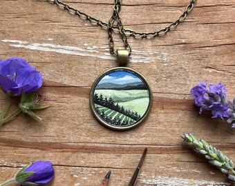 Vineyard Art, Watercolor Hand Painted Necklace, Original Art Pendant, Green Hills and Blue Skies, Landscape Mini Painting