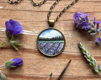 Hand Painted Necklace, Lavender Field Landscape Painting, Original Watercolor Art, Wearable Art