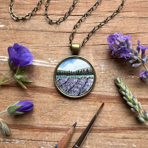 Hand Painted Necklace, Lavender Field Landscape Painting, Original Watercolor Art, Wearable Art image 1