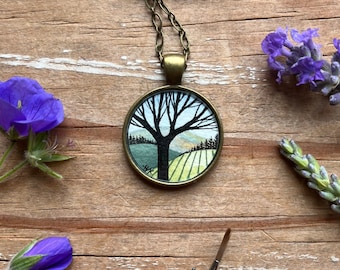 Vineyard with Tree Mini Landscape Painting, Watercolor Hand Painted Necklace, Original Art Pendant