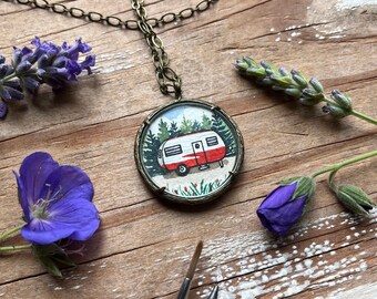 Camper Necklace, Vintage Red Trailer Art Illustration, Watercolor Hand Painted Necklace, Original Art Pendant, Retro Travel Trailer