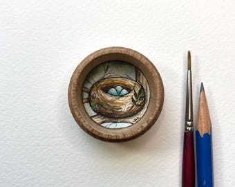 Miniature Painting, Bird Nest Art, Original Tiny Watercolor Painting with hanger and magnet