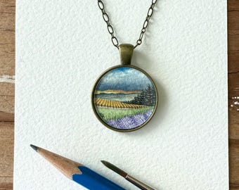 Vineyard with Storm Clouds and Gold, Mini Landscape Painting, Watercolor Hand Painted Necklace, Original Art Pendant