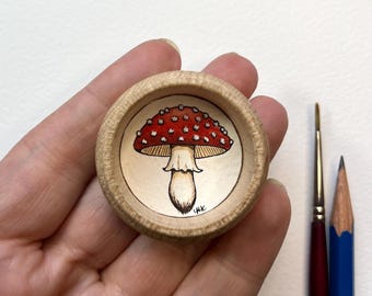 Mushroom Decor, Miniature Painting, Toadstool Mushroom Art, Original Tiny Watercolor Painting with hanger and magnet