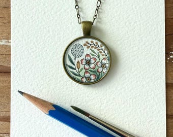 Hand Painted Necklace, Pink and White Vintage Florals, Original Watercolor Painting, White Wildflowers, Wearable Art