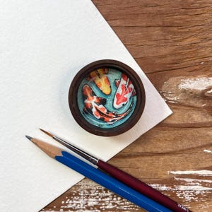 Koi Fish Painting, Original Watercolor Miniature Box Painting with Magnet, Japanese Koi Art, Koi Fish Magnet