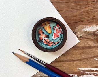 Koi Fish Painting, Original Watercolor Miniature Box Painting with Magnet, Japanese Koi Art, Koi Fish Magnet
