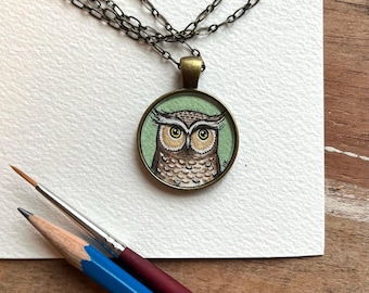 Owl Necklace, Hand Painted Pendant Art, Brown Owl, Original Watercolor Painting, Owl Art for Her