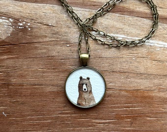 Bear Gifts, Brown Bear Necklace - Original Watercolor Hand Painted Pendant Necklace, Cute Bear Illustration