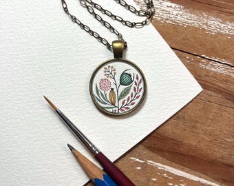 Vintage Florals Hand Painted Necklace, Original Watercolor Painting, Flower Painting Inspired by Vintage Fabric