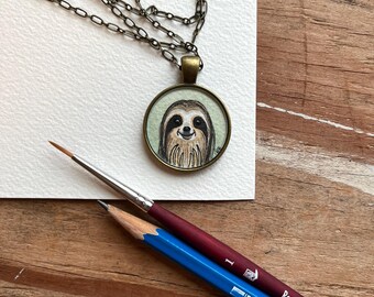 Sloth Necklace - Original Watercolor Hand Painted Pendant Necklace - Sloth Love