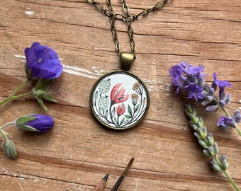 Hand Painted Necklace, Dusty Pink Vintage Florals, Original Watercolor Painting, Wildflowers, Wearable Art