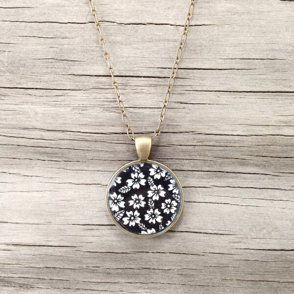 Black and White Necklace, Original Hand Painted Pendant, Little White Flowers