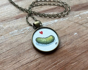 Pickle Love Hand Painted Necklace, Original Watercolor Painting