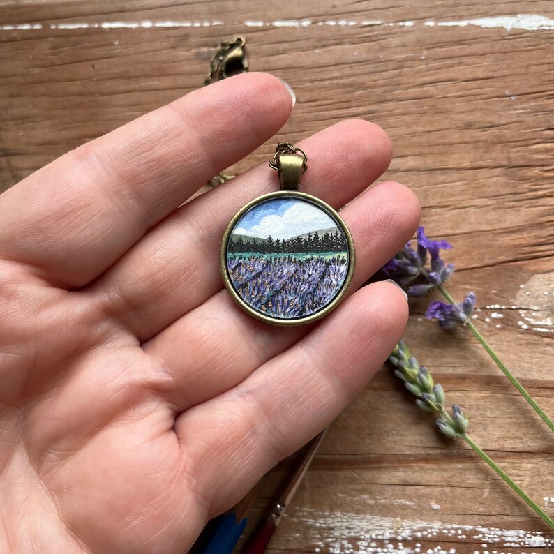 Hand Painted Necklace, Lavender Field Landscape Painting, Original Watercolor Art, Wearable Art image 3