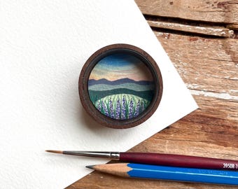 Vineyard Landscape Painting, Original Watercolor Miniature Box Painting with Magnet, Sunset Wine Country Art