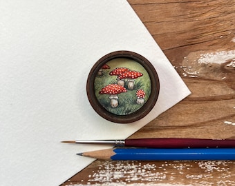 Toadstool Mushrooms Painting, Original Watercolor Miniature Box Painting with Magnet, Red and White Mushroom Art