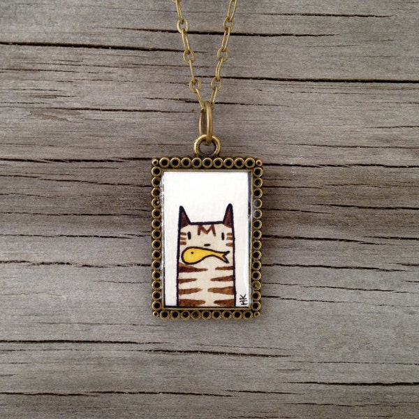 Cats Love Fish - Hand Painted Necklace, Original Watercolor Art - Tabby Cat