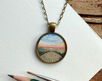 Sunset over golden Vineyard Wine Country Art, Watercolor Hand Painted Necklace, Original Art Pendant, Landscape Mini Painting