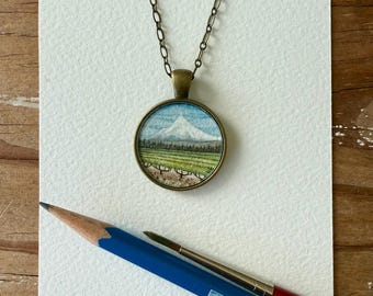 Mountain with Vineyard Wine Country Art, Watercolor Hand Painted Necklace, Original Art Pendant, Landscape Mini Painting Mount Hood