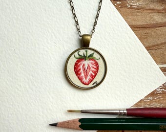 Strawberry Necklace, Hand Painted Art Pendant, Original Watercolor Mini Painting Strawberries Print