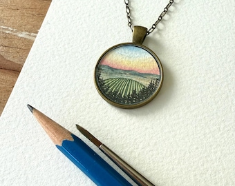 Vineyard with Sunset and Green Wine Country, Mini Landscape Painting, Watercolor Hand Painted Necklace, Original Art Pendant