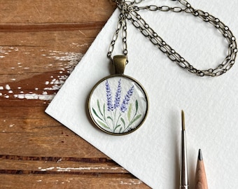 Lavender Art, Hand Painted Necklace, Delicate Lavender Sprig Flower Painting, Original Watercolor Art, Wearable Art