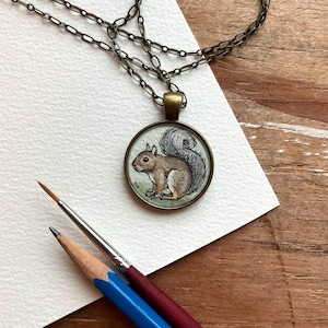 Squirrel Art Necklace - Original Watercolor Hand Painted Pendant Necklace - Squirrel Gifts, Painting