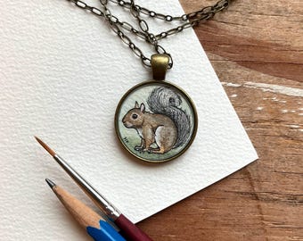 Squirrel Art Necklace - Original Watercolor Hand Painted Pendant Necklace - Squirrel Gifts, Painting