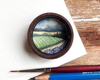 Vineyard Landscape Painting, Original Watercolor Miniature Box Painting with Magnet, Storm Cloud Wine Country Art