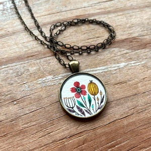 Hand Painted Necklace, Red Flowers - Vintage Florals, Original Watercolor Painting, Wildflowers, Valentines Day