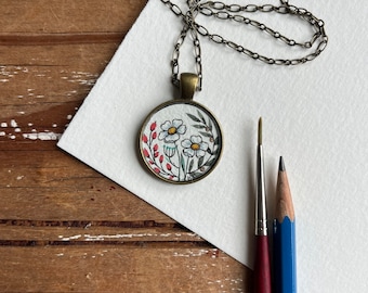 Hand Painted Necklace, Pink and White Vintage Florals, Original Watercolor Painting, White Wildflowers, Wearable Art