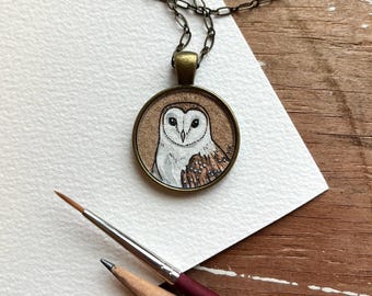 Barn Owl Necklace, Hand Painted Pendant Art, Original Watercolor Painting, White Owl Art Gifts for Her