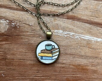 Old Books and a Coffee Mug, Watercolor Hand Painted Necklace, Original Art Pendant, Gifts for Teachers or Students or Book Lovers