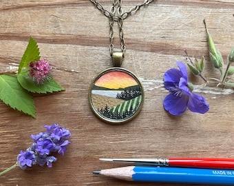 Vineyard with Sunset and Gold, Mini Landscape Painting, Watercolor Hand Painted Necklace, Original Art Pendant