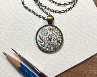 Vintage Florals Hand Painted Necklace, Original Watercolor Painting, Pink and White Wildflowers, Flowers Wearable Art