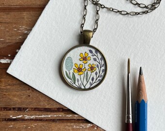 Hand Painted Necklace, Orange Yellow Flowers, Original Watercolor Painting, Wildflowers, Wearable Art
