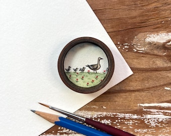 Mother Duck with Ducklings Illustration,  Original Watercolor Miniature Box Painting with Magnet, Miniature Duck Collection