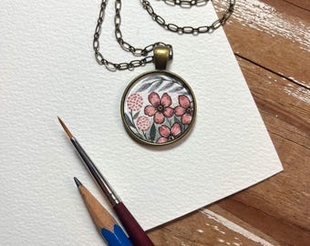 Vintage Florals Hand Painted Necklace, Original Watercolor Painting, Pink Wildflowers, Wearable Art