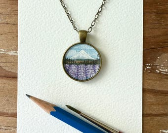 Mountain with Lavender Field Country Art, Watercolor Hand Painted Necklace, Original Art Pendant, Landscape Mini Painting Mount Hood