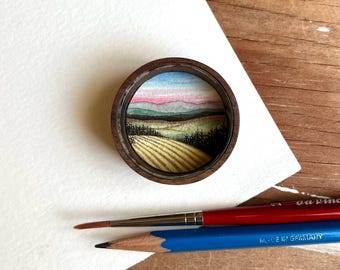 Vineyard Landscape Painting, Original Watercolor Miniature Box Painting with Magnet, Sunset Wine Country Art