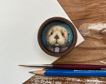 Otters Painting, Original Watercolor Miniature Box Painting with Magnet, Sea Otter Art
