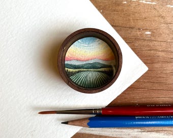 Vineyard Landscape Painting, Original Watercolor Miniature Box Painting with Magnet, Sunset Wine Country Art