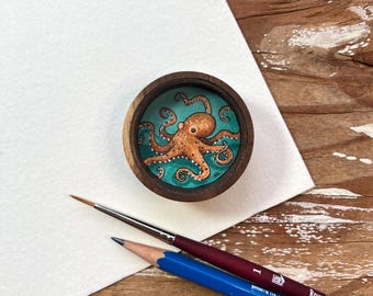 Mini Octopus Artwork Painting, Original Watercolor Miniature Box Painting with Magnet, Octopus Gifts