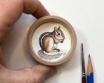 Miniature Painting, Chipmunk Art, Original Tiny Watercolor Painting with hanger and magnet