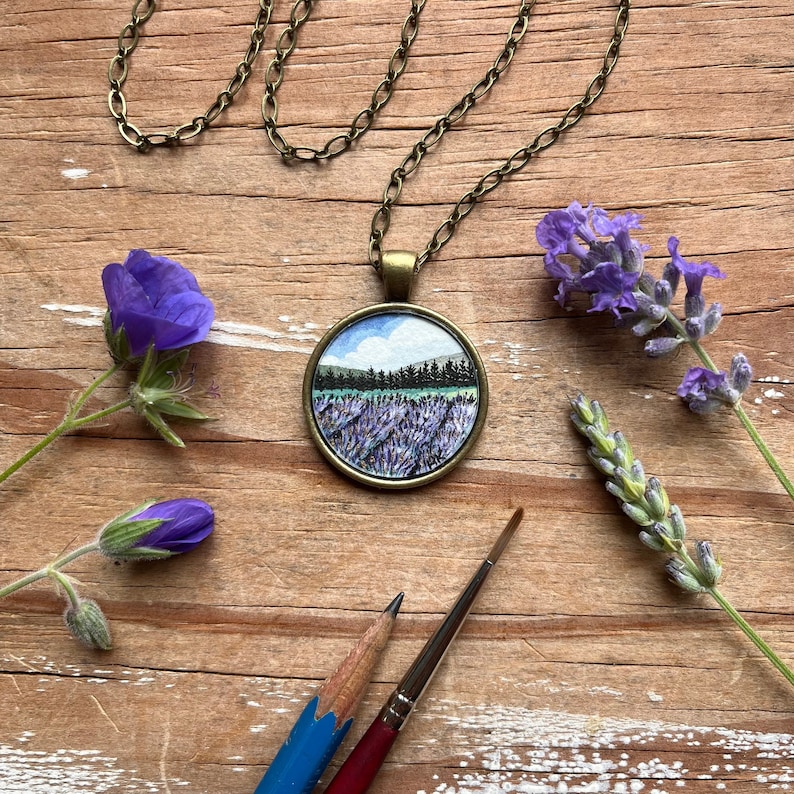 Hand Painted Necklace, Lavender Field Landscape Painting, Original Watercolor Art, Wearable Art image 1